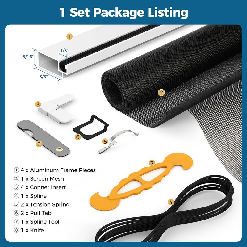 augblinds Window Screen Frame Kit, 5/16 Inch x 3/5 Inch x 46 Inch, Makes One Complete Screen 46" x 46" Or Smaller, Includes Premium Screen Mesh, 4 Heavy Duty Corners & Durable Spline, 1 Set, White - Image 4